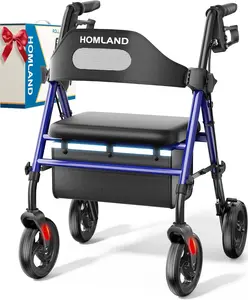 Foldable Rollator Walkers with Seat for Seniors, 8'' Big Wheels, 350 lb. Weight Capacity, Adjustable Handles and Seat Height, Lightweight Rolling Walker, Blue