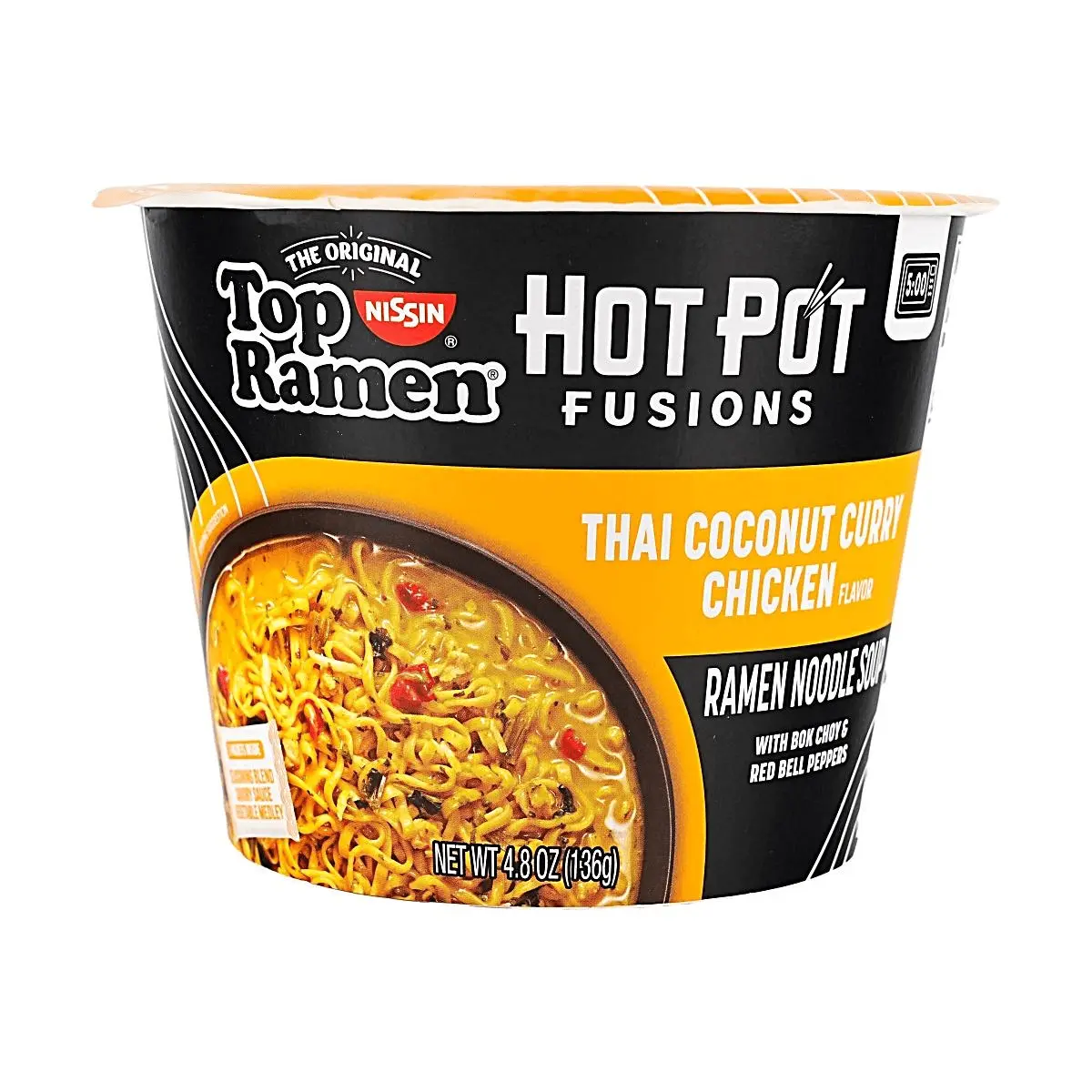 NISSIN Top Ramen Hot Pot Fusions Thai Coconut Curry Chicken Flavor - Large Bowl Microwave Instant Noodles (136g)