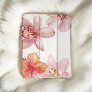 Light Pink Floral Tri-Fold Stand with Pencil Holder Anti-Fall Protection for iPad Case Foldable Non-Slip Adjustable Kickstand Compatible with iPad Mini Air Pro 10th 11th Generation Tablet Computer Accessory
