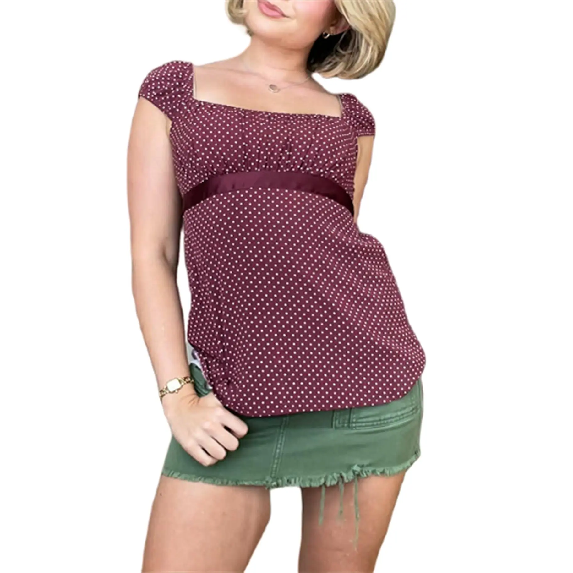 Women Y2k Fairy Coquette Babydoll Shirt Short Sleeve Polka Dot Peplum Vintage Baby Tee Tie Back Blouses Summer Going Out Crop Tops Cute Womenswear