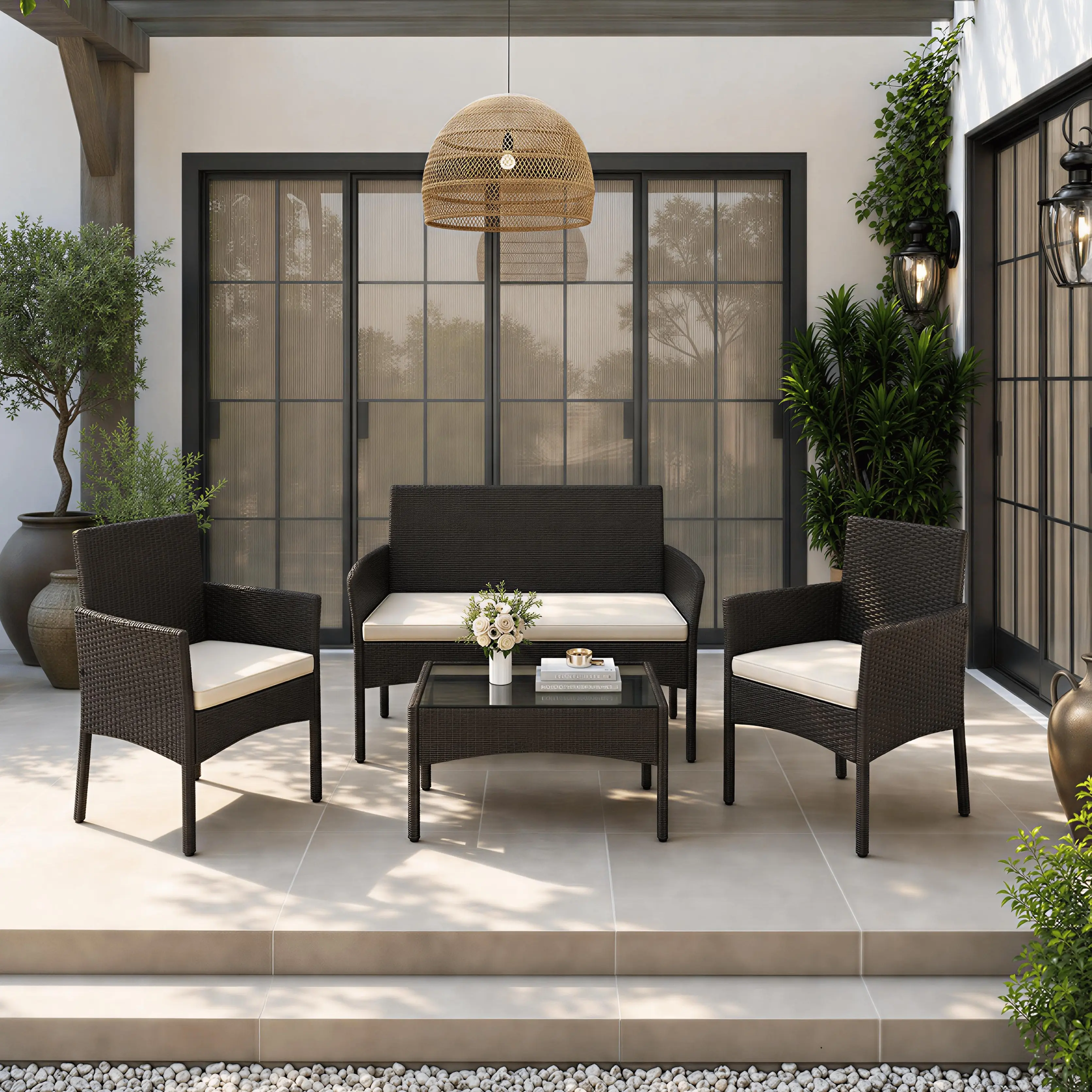 【Smart Buy】Costoffs 4-Piece Outdoor Reception Set with 1/2-Seat Sofa 2 Single-Seat Sofas & Coffee Table Patio Rattan Furniture Tempered Glass Top Cozy Garden Seating,summerwins,outdoorfurnitureset,home decor,camping essentials
