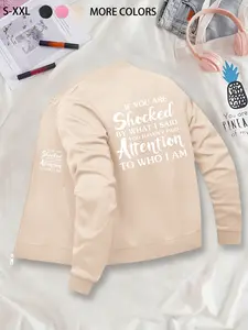 Text Printed Graphic Stand Collar Jacket - Zip-Up Casual Jacket, Polyester Knit Fabric, Fitted Design, Pocket Detail, Suitable for Autumn & Winter, Casual Collared Coats, Coats, Womenswear