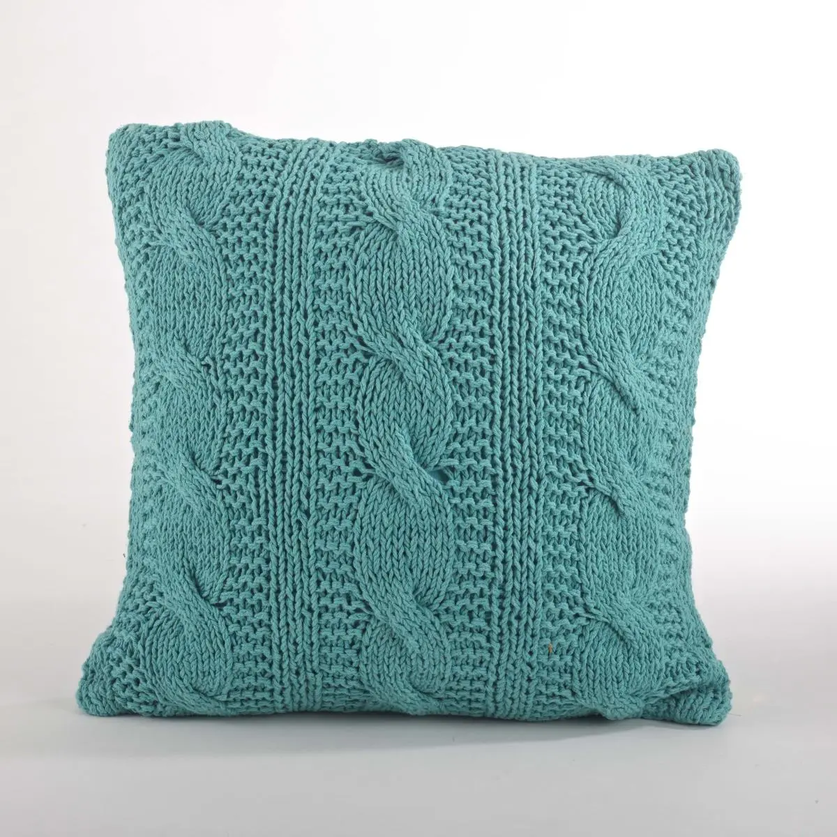 SARO  20 in. Cable Knit Design Down Filled Cotton Throw Pillow Turquoise