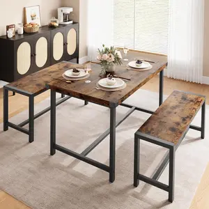 Dining Table Set for 4, 3 Piece Kitchen Table Set, Kitchen Table with 2 Benches, Rectangular Dining Table Set of 4, Kitchen Table Set for Small Space, Apartment, Retro Brown