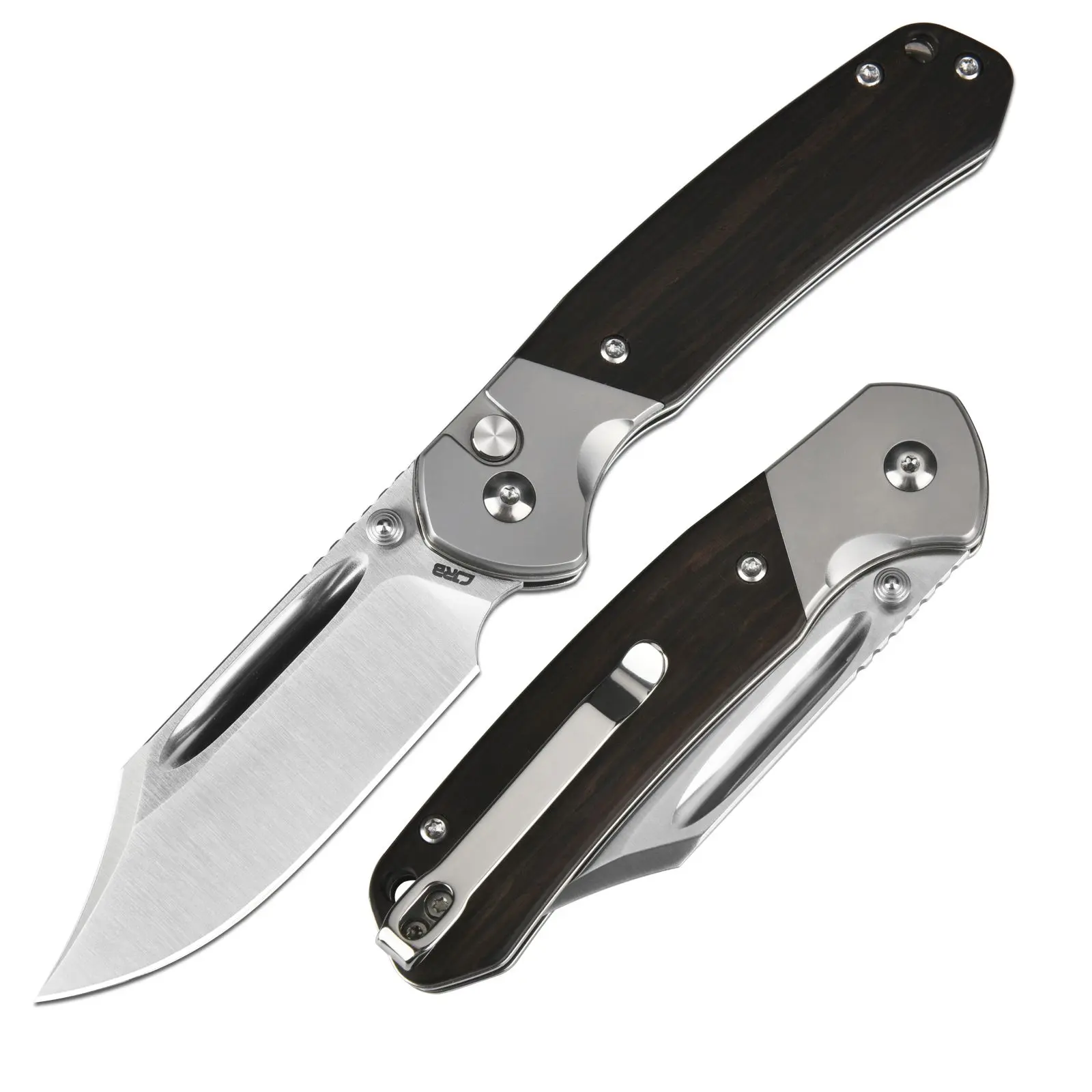 CJRB Bowie Pyrite Pocket Knife, EDC Knife, Folding Knife with 3.15'' AR-RPM9 Steel Blade, Hunting Knife with Wood Handle for Camping and FathersDayGift