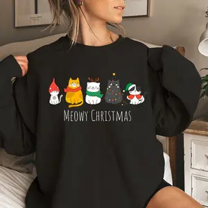 Funny Christmas Cat Sweatshirt Women's Sweatshirt Christmas Casual Cat Print Long Sleeve Round Neck Pullover, Suitable for Daily Wear, Women's Autumn and Winter Fashion Unisex Sweatshirt