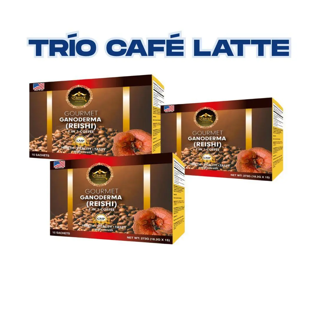 TRÍO CAFÉ LATTE PACK 3 COFFEE WITH GANODERMA ESB Gourmet Coffee Variety with Ganoderma ESB Special Ingredient US Packaging