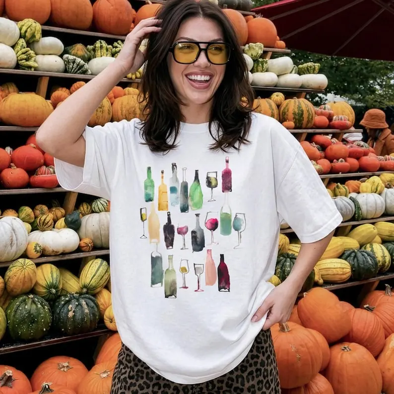 Wine Lover Shirt, Watercolor Wine Bottles Graphic Tee, Winery Trip T‑Shirt, Coastal Summer Unisex Shirt