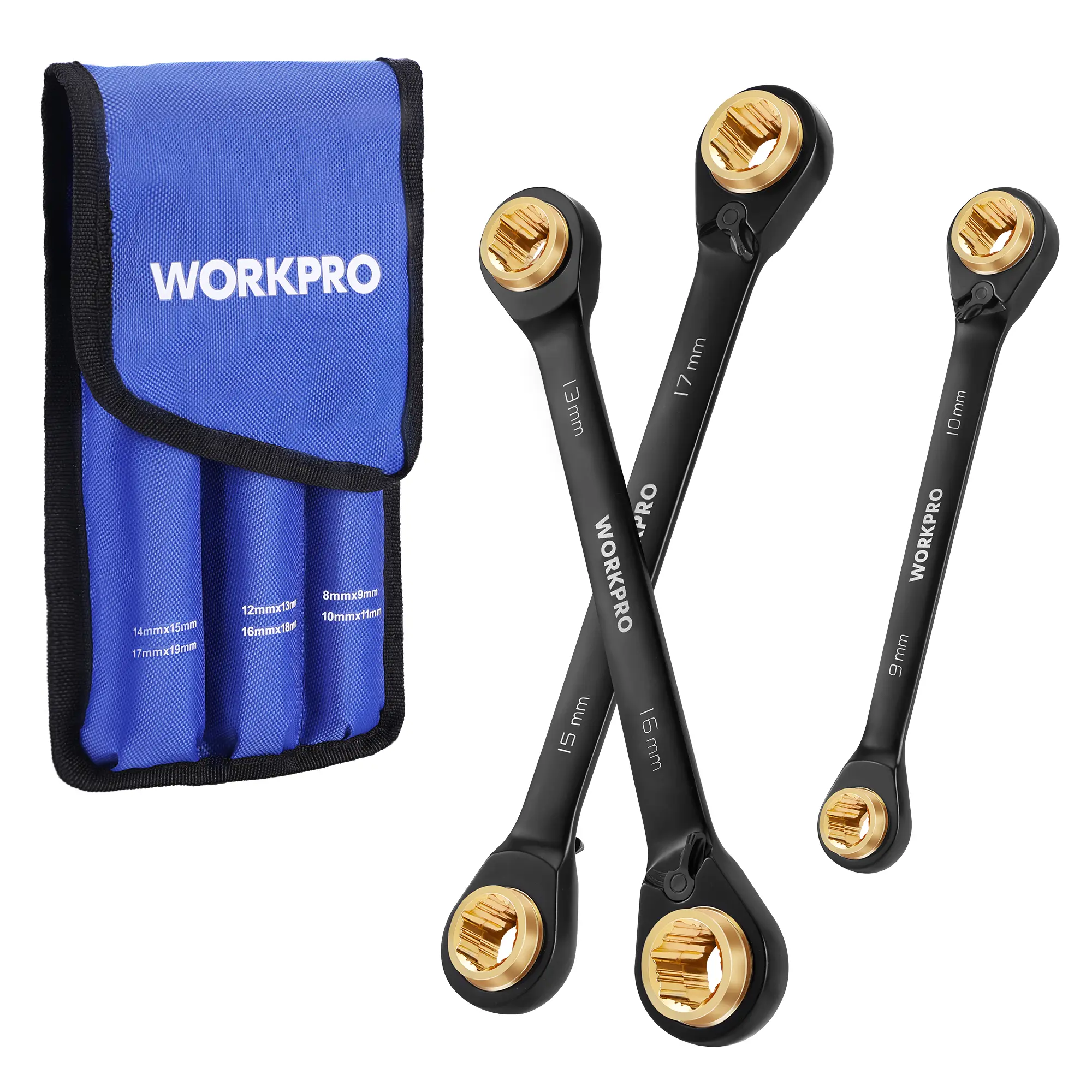 #fathersdaygift WORKPRO 3-Pack 4-in-1 Reversible Ratcheting Wrench Set, 12 Sizes in 3 Wrenches, Anti-Slip, Double Box End, 72-Tooth, CR-V, 6-Point, with Storage Bag - for Repair & Maintenance