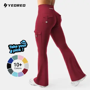 YEOREO CoreFlex Women's Workout Flare Leggings with Pockets Hidden Scrunch High Waisted Cargo Gym Yoga No Front Seam Leggings Flared Joggers Fitness Outfit Camouflage Sports Pants 75% Nylon 25% Spandex