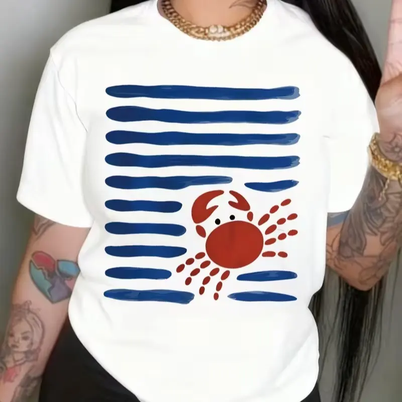 Women's Cotton Breathable Baggy Short-Sleeve T-Shirt, Hand-Drawn Blue Stripes Red Crab Graphic, Coastal Ocean Beach Casual Bottom-Pairing Tee, Shortsleeve, Everyday