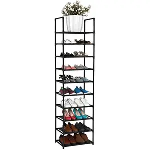 Vertical Shoe Rack 10 Tiers Narrow Shoe Rack for Closet DIY Shoe Tower Holds 20-25 Pairs Durable Stackable Shoe Shelf Space Saving Shoe Stand with 2 Hooks Metal Shoe Organizer for Closet, Black