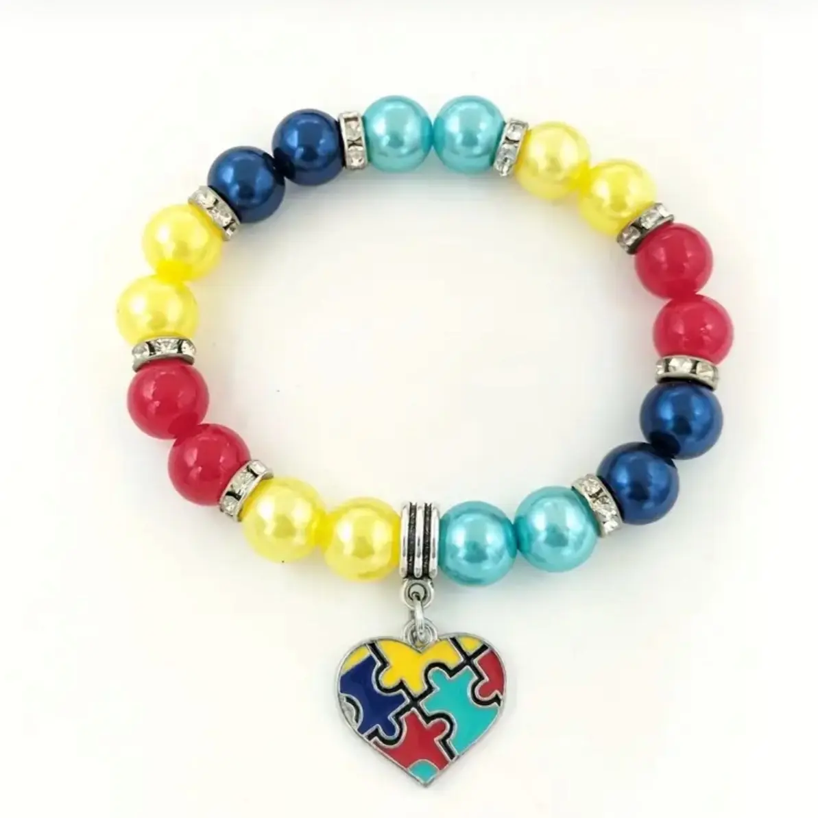 Autism Puzzle Charm Bracelet – Heart & Square Beaded, White K Plated, Inclusive Fashion Accessory