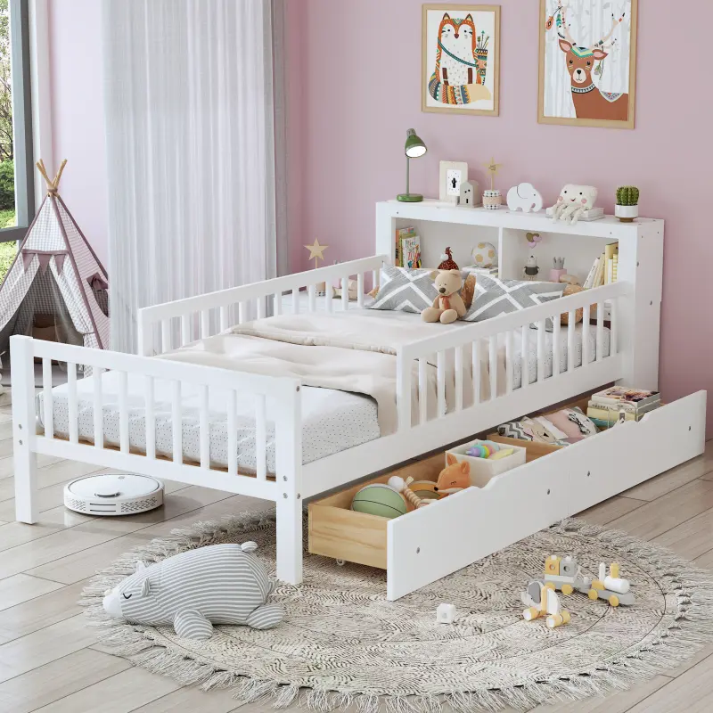 Twin Size Bed with Headboard Storage Rack, Two Under-Bed Drawers, Three-Side Guardrails for Safety and Security,White