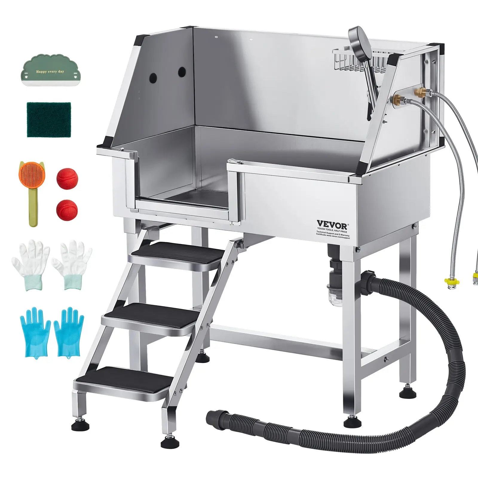 【Father's Day Gift】VEVOR Stainless Steel Pet Grooming Bathtub (Left Door), 34.3x19.2x44in, 220 lb/100 kg Load Capacity Dog Washing Station with Shower, Faucet, Built-in Soap Holder, Non-Slip Stairs, Easy Cleaning Design for Small Cats, 49.2 lbs