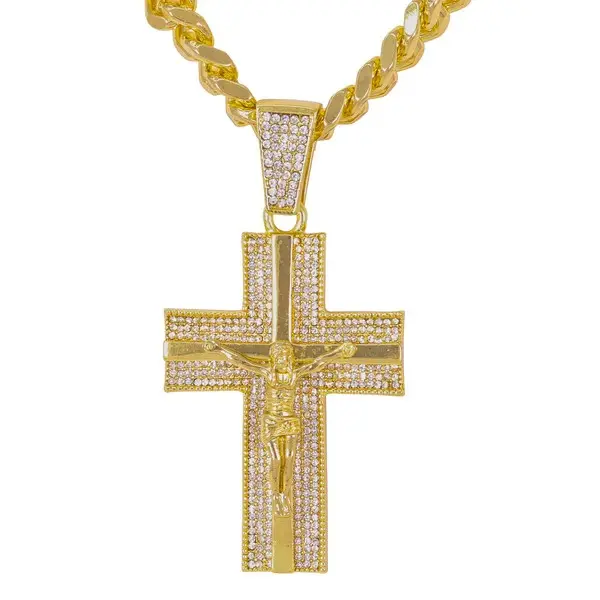 XL Jesus crystal cross pendant with a 9mm solid Cuban chain.