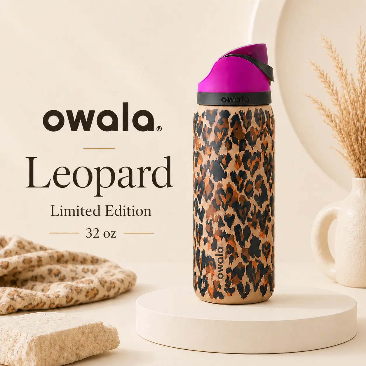 Owala FreeSip 32oz Leopard Print Limited Edition Leak-Proof Stainless Steel Water Bottle - Lock-Button, Aesthetic Design, TikTok Viral, for Moms & Girls, 500-1,000 Ml
