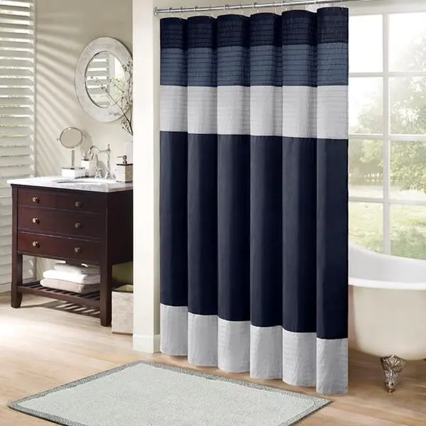 Madison Park Amherst Faux Silk Pieced Texture Striped Lightweight Microfiber Shower Curtain - 72x72", Washable Bathroom Accessory for Modern Home Decor