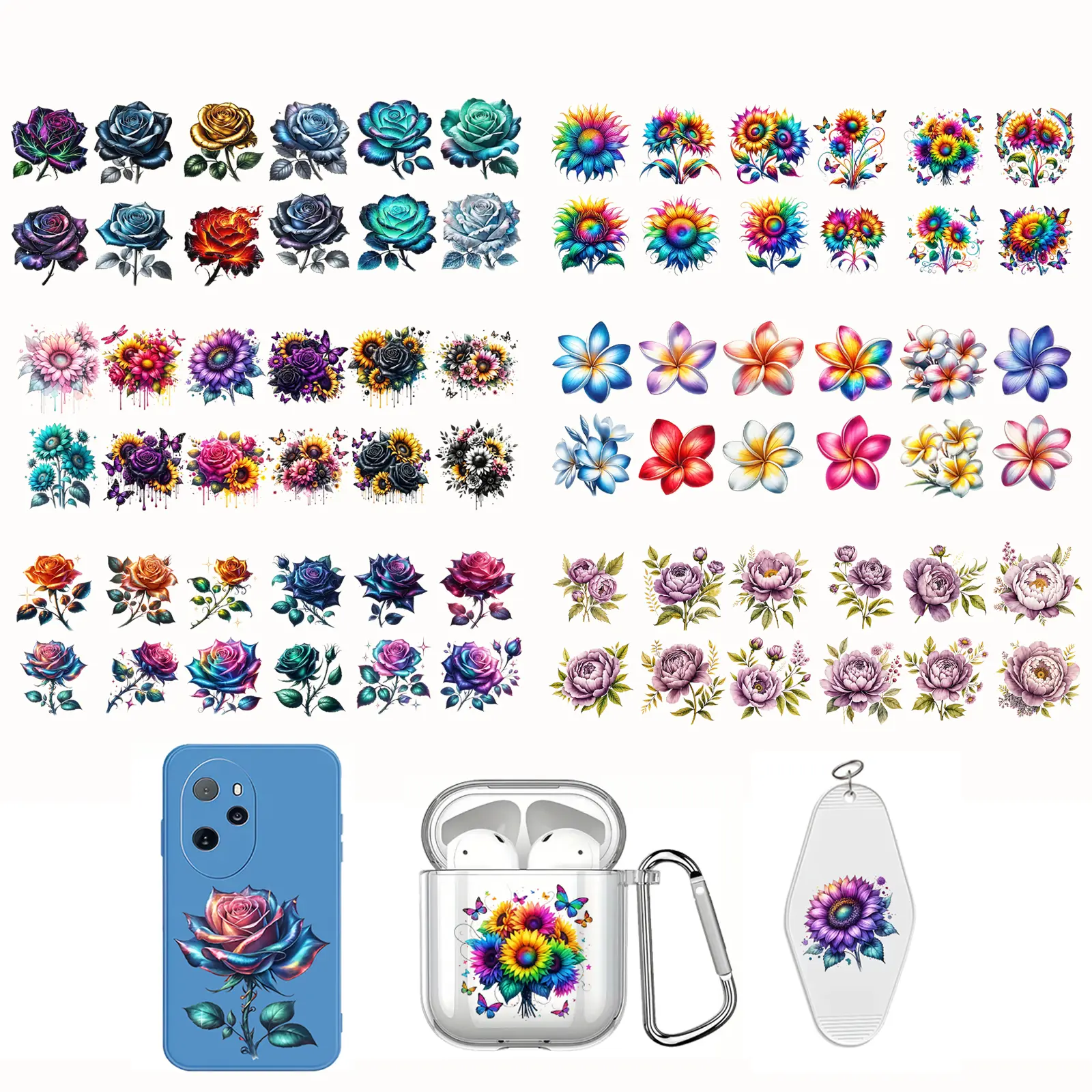 72pcs Mixed Styles UV DTF Cup Wraps & Iron On Transfers - 6 Floral Designs (Sunflower Floral, Fantasy Rose, etc.) - Waterproof Hold, Peel-Rub Apply, Warm Cup Preheat Decorative Stickers for DIY Crafts