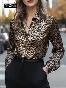 Women's Leopard Print Long Sleeve Shirt, Elegant Business Casual Blouse, Fall Fashion Top for Work, Teachers and School Outfits