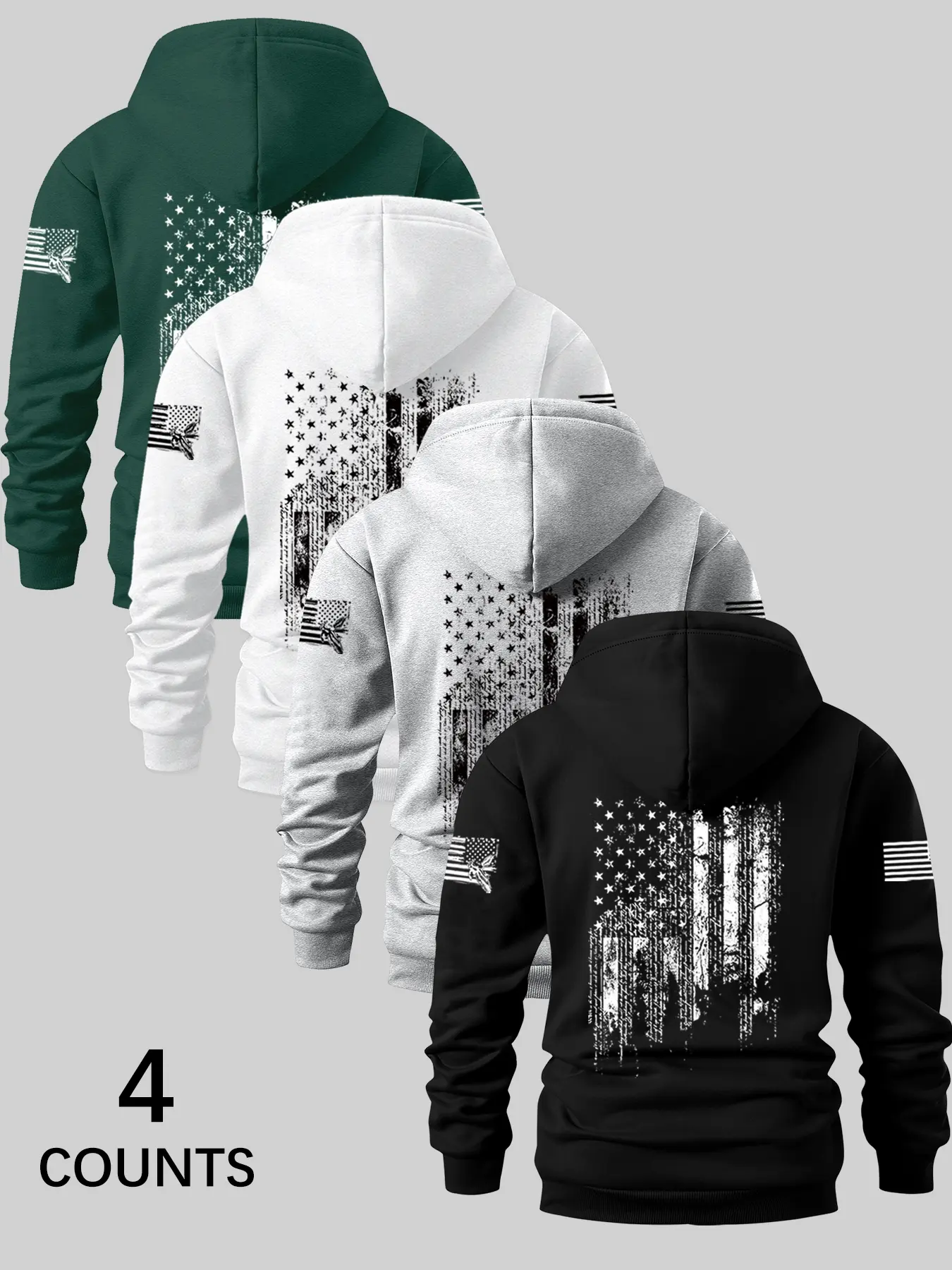 Men's Long Sleeve Hoodies 4-Pack, Graphic Flag Print Casual Fitted Sweatshirts, Thick Knit Fabric for Fall & Winter, Perfect for Holidays & Daily Wear, Relaxed Fit