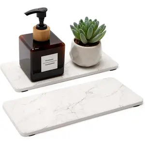 2 Pcs Water Absorbing Stone Drying Trays for Bathroom Sink Kitchen Counter Soap Dish Dispenser Sponge Holder White Ceramic Bathroom Vanity Quick Dry Stone Mat Marble Diatomite Tray