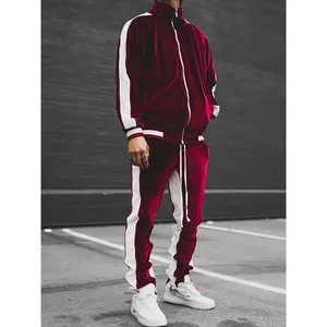 Men's Velour Tracksuit Sweatsuit Set Jogging Suits Full Zip Casual Jackets Pants 2pcs Outfit Athletic Workout Maroon with White Stripes