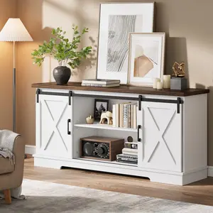 Farmhouse TV Stand for 65 Inch TVs, with Sliding Barn Doors and Adjustable Shelves, for Stylish Modern Media Console in Living Room and Family Room