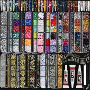 1 Set 3D Glitter Flatback Colorful Rhinestone Pearls , 13 Boxes Multi-Style Alloy Cross Heart Resin Flowers with Glue Tweezers DIY Accessories，nail charms