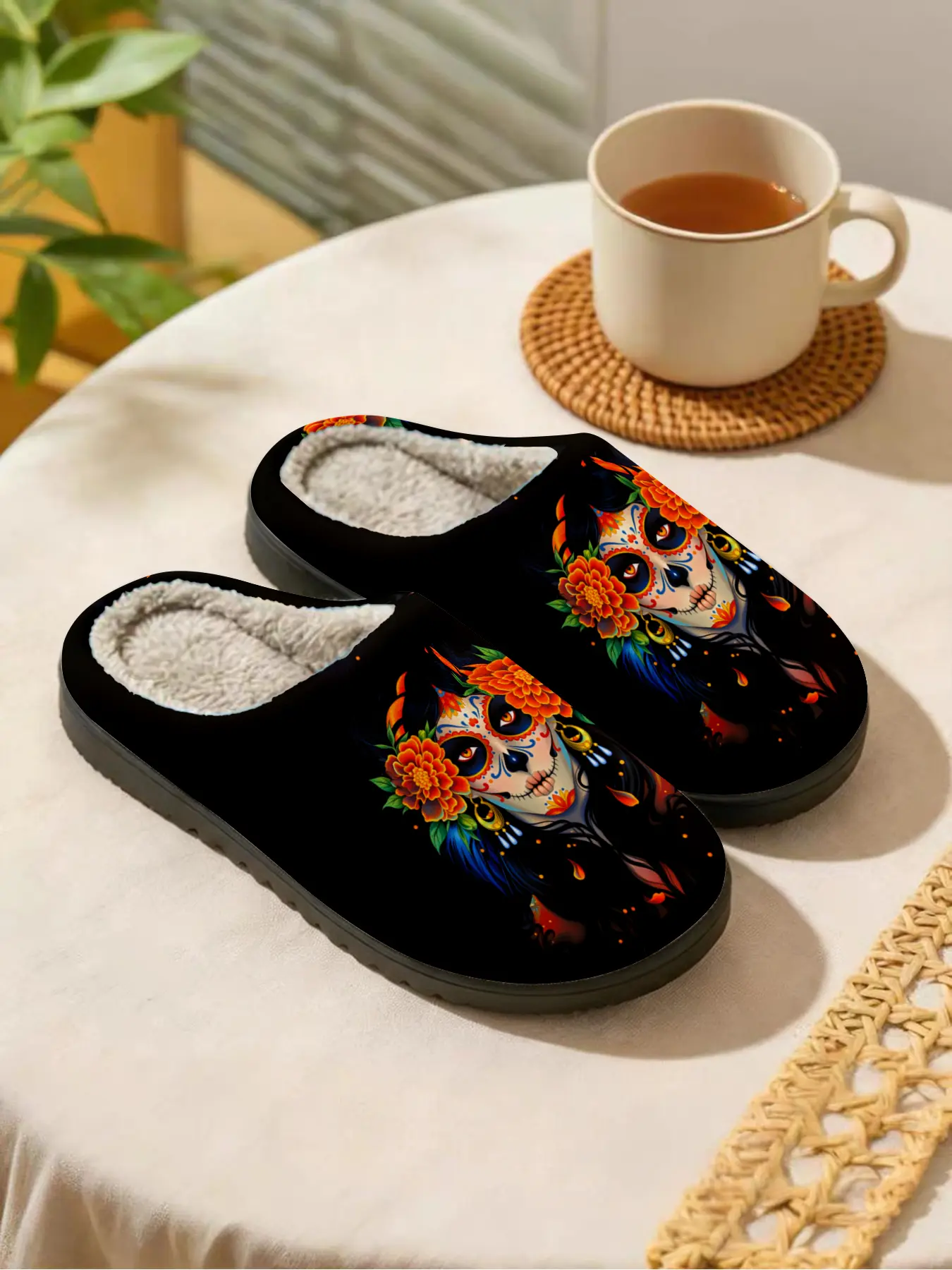 ✨Day of the Dead Skull Flower Fuzzy Slippers 1 Pair Mexican Day of the Dead Retro Painted Style, Plush Warm + Non-slip Thick Sole + Comfortable Fuzzy Lining, Perfect for Day of the Dead Style Enthusiasts & Retro Painted Style Lovers in Winter Home Wear🔥