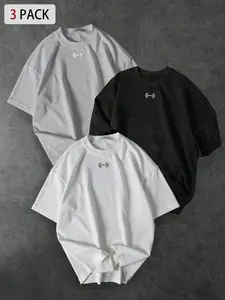 3-Pack Unisex Round Neck T-Shirts with Small Dumbbell Chest Print, Minimalist Streetwear for Gym Enthusiasts and Casual Everyday Wear