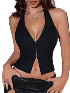 【Restocked】ApperlothA Women's halter corsets Top - Thin, Stretchy, Rave Hook Grommet Front Lace Up Back, Backless Corset Bodyshper Party Crop Tank Top - Valentine Outfits SpringStatements #Summervibes
