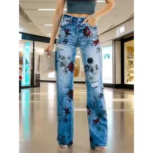 Women’s High-Elasticity Printed Flared Jeans – Elegant Casual Blue Background with Red Flower Design, All-Season Machine-Washable Street-Style Long Pants
