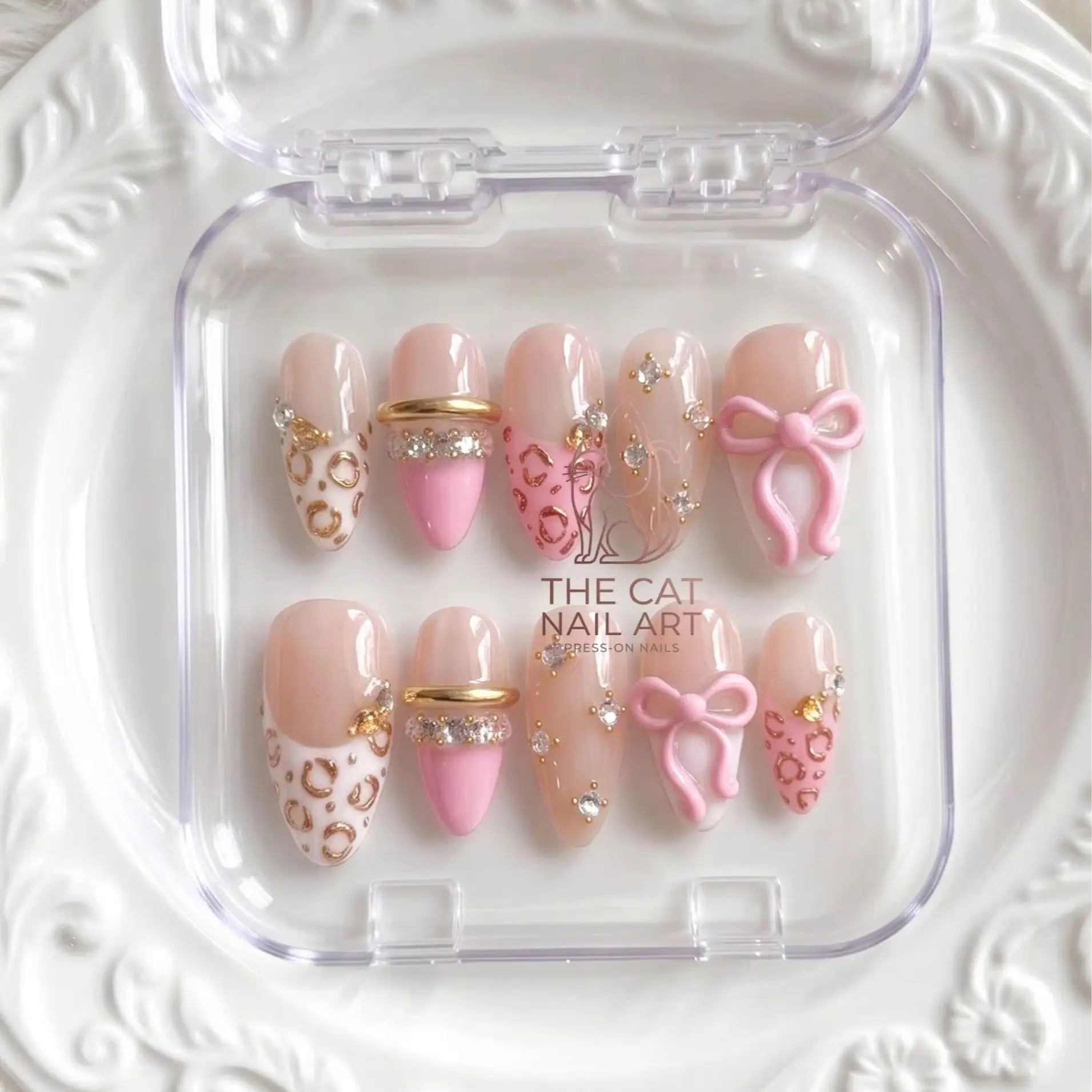 Princesscore Coquette Press On Nails: Pink Ribbon 3D Gold Ring Crystals | Nail 2026 | Cute
