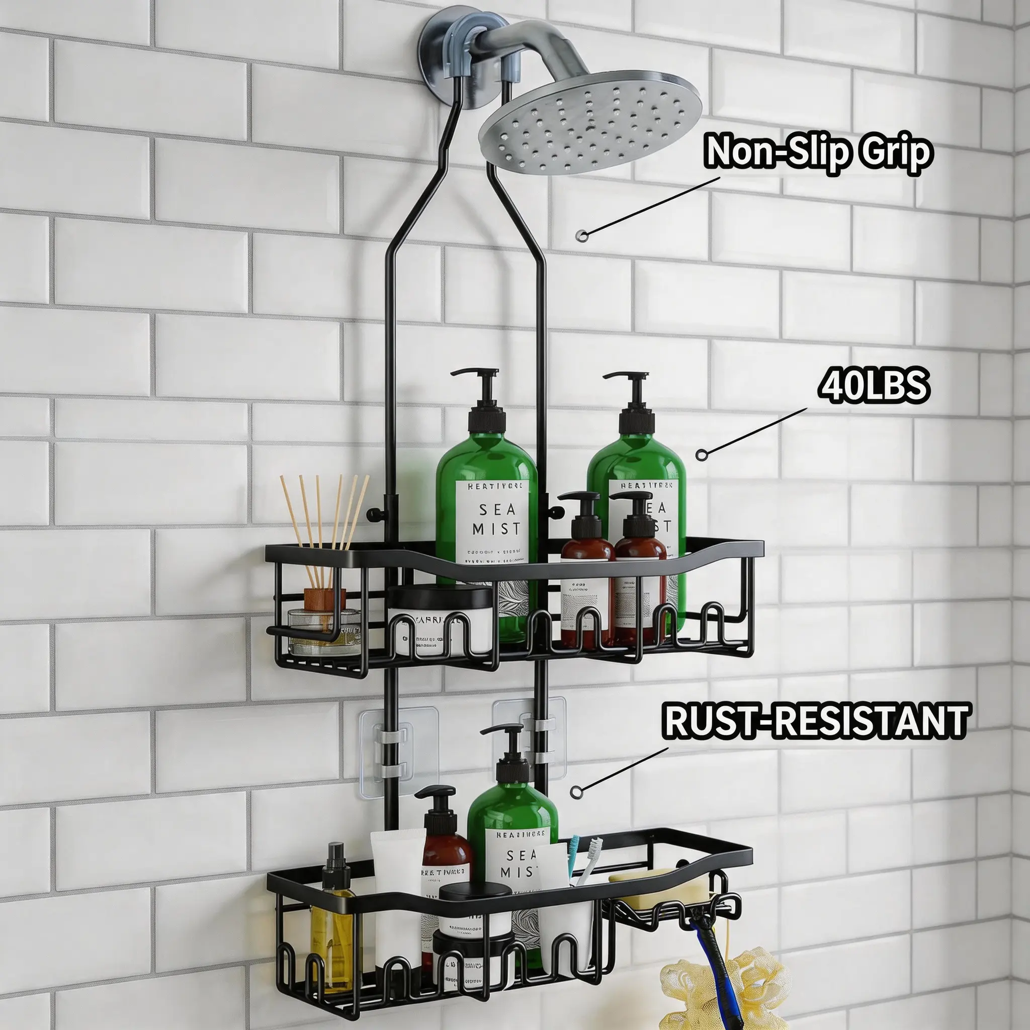 Stainless Steel No-Drill Over Showerhead Caddy with Shelves and Hooks - Adjustable, Rust-Resistant Black Bathroom Organizer with Drainage Feature, Self-Adhesive Wall Mount Option, Easy to Maintain Shower Accessories, Drainage Feature Shower Accessories, B