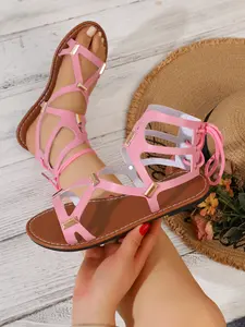 New multi-color optional ladies women flat sandals in summer Red, black and white Brown powder metal buckle Roman hollow heel strap is suitable for commuting and daily vacation Footwear
