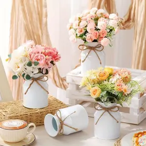 6 pieces of peasant metal vase decoration/galvanized milk jug with rope bow vase/pastoral flower barrel for flower stand ornaments/home decoration room wedding decoration Dining Table Centerpiece