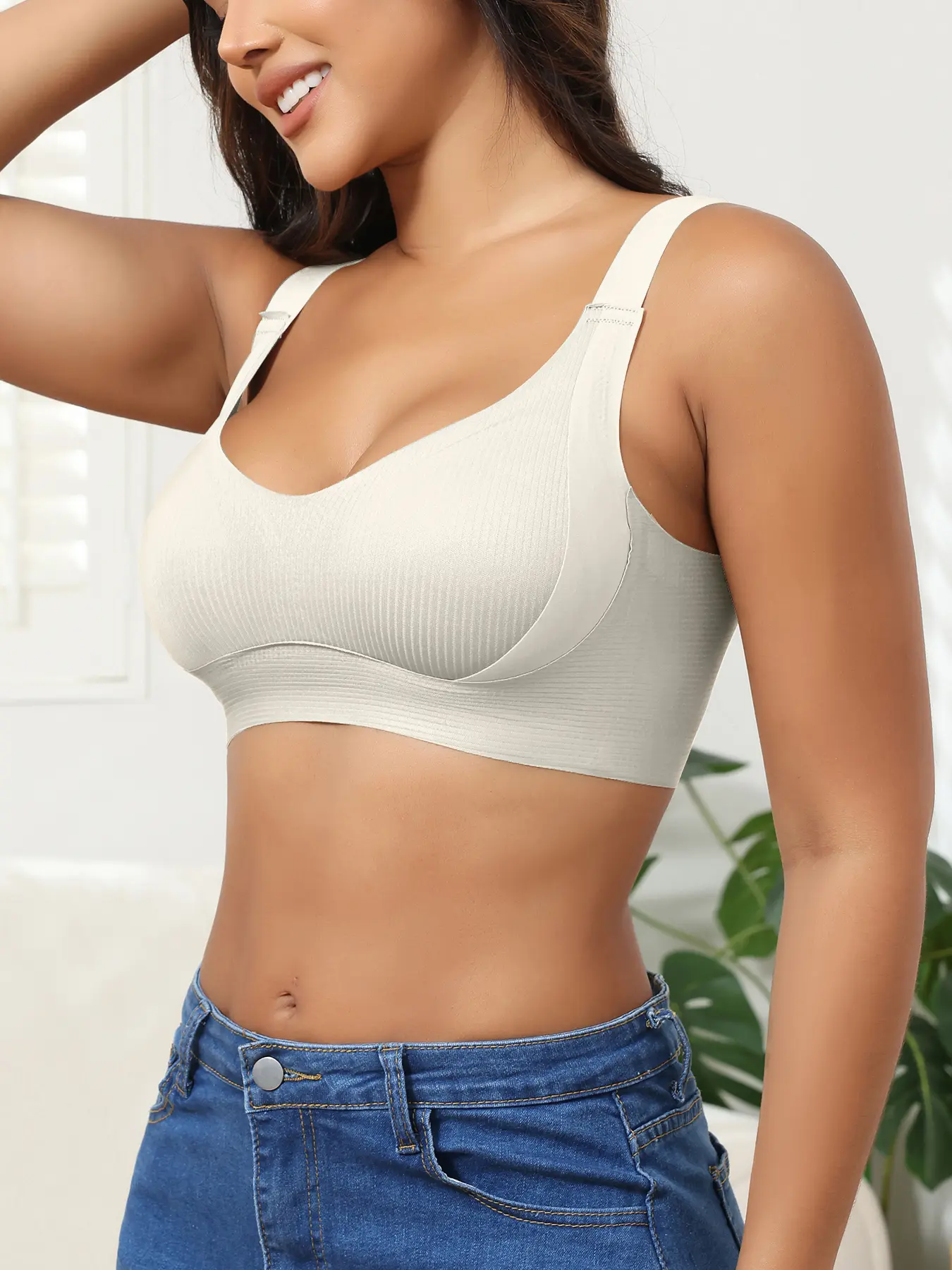 EssElegance Women's White Ribbed Seamless Wireless Bra Wirefree Padded Bralette Push Up Full Coverage Smoothing Support Wide Adjustable Straps Back Closure Invisible Everyday Comfort T-Shirt Lounge Lingerie Tops
