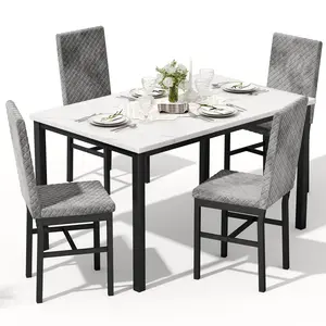 Recaceik Dining Table Set for 4, Faux Marble Kitchen Dinner Table Set with 4 Upholstered Velvet Chairs, Dining Room Table Set for Kitchen Dining Home Modern