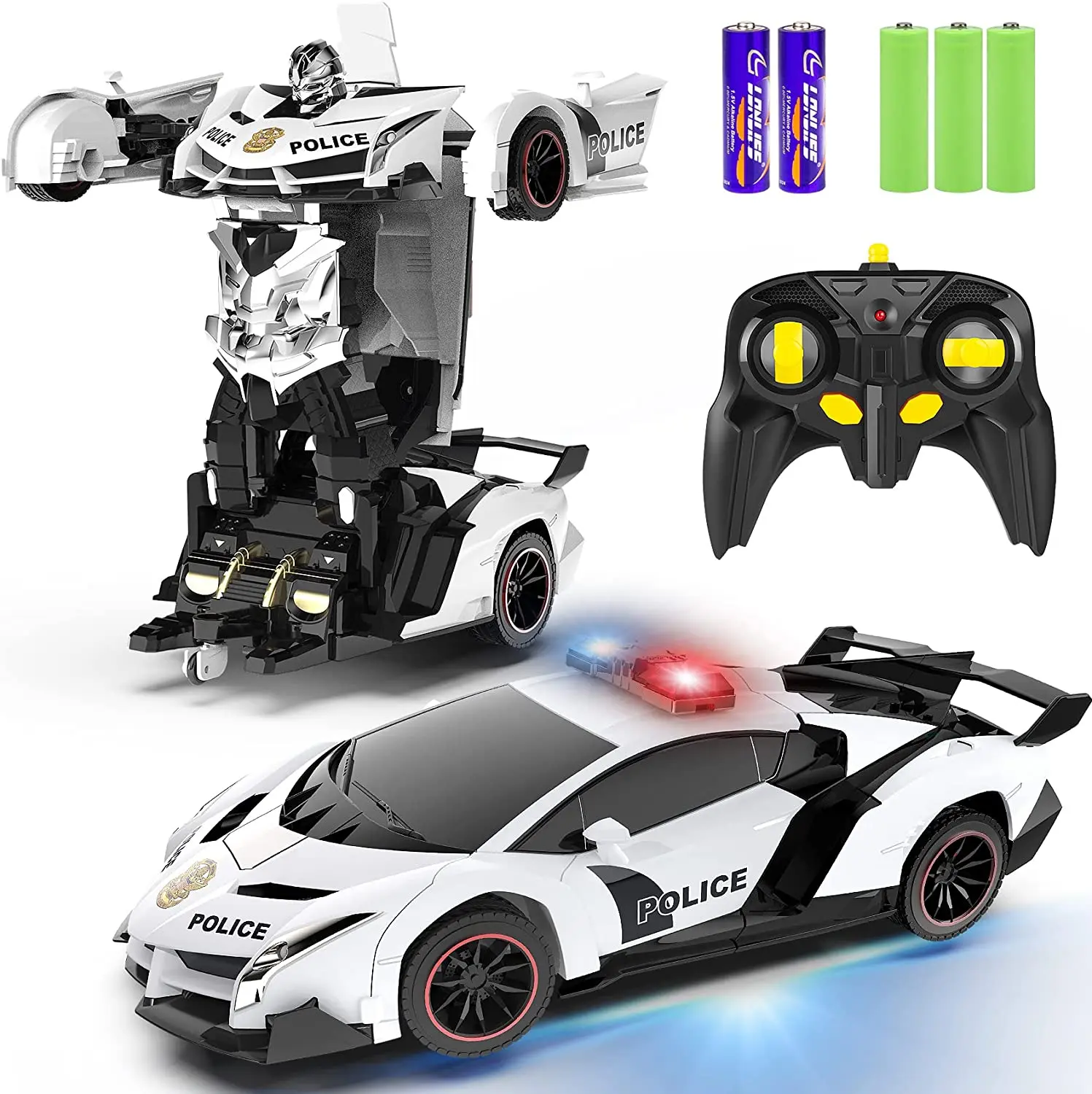 Remote Control Car - Transform , One Button Deformation to Robot with Flashing Light, 2.4Ghz 1:18 Scale Transforming Police Kids Toys Gift with 360 Degree Rotating Drifting