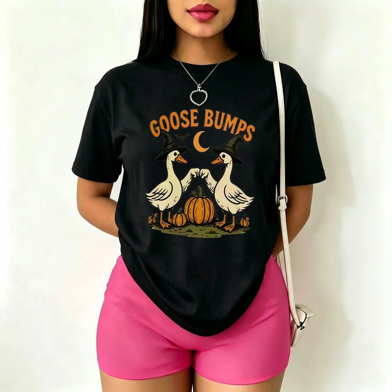 Goose Bumps Halloween Witch Goose Clipart Cute Goose Halloween Design Fist Bump Geese Sublimation Fall Pumpkin Goose Womens T Shirts Casual Graphic Tee Top
