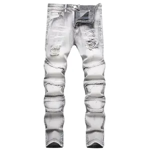 JUNBAOSS 2025 Fashion Mens Slim Fit Stretch Jeans Ripped Skinny Jeans for Men Distressed Straight Leg Casual Comfort Flex Waist Denim Pants Menswear Classic Street Style Cotton Fabric Jean Trouser Jeans with Pockets Streetwear Tops Beige Plain White Grey