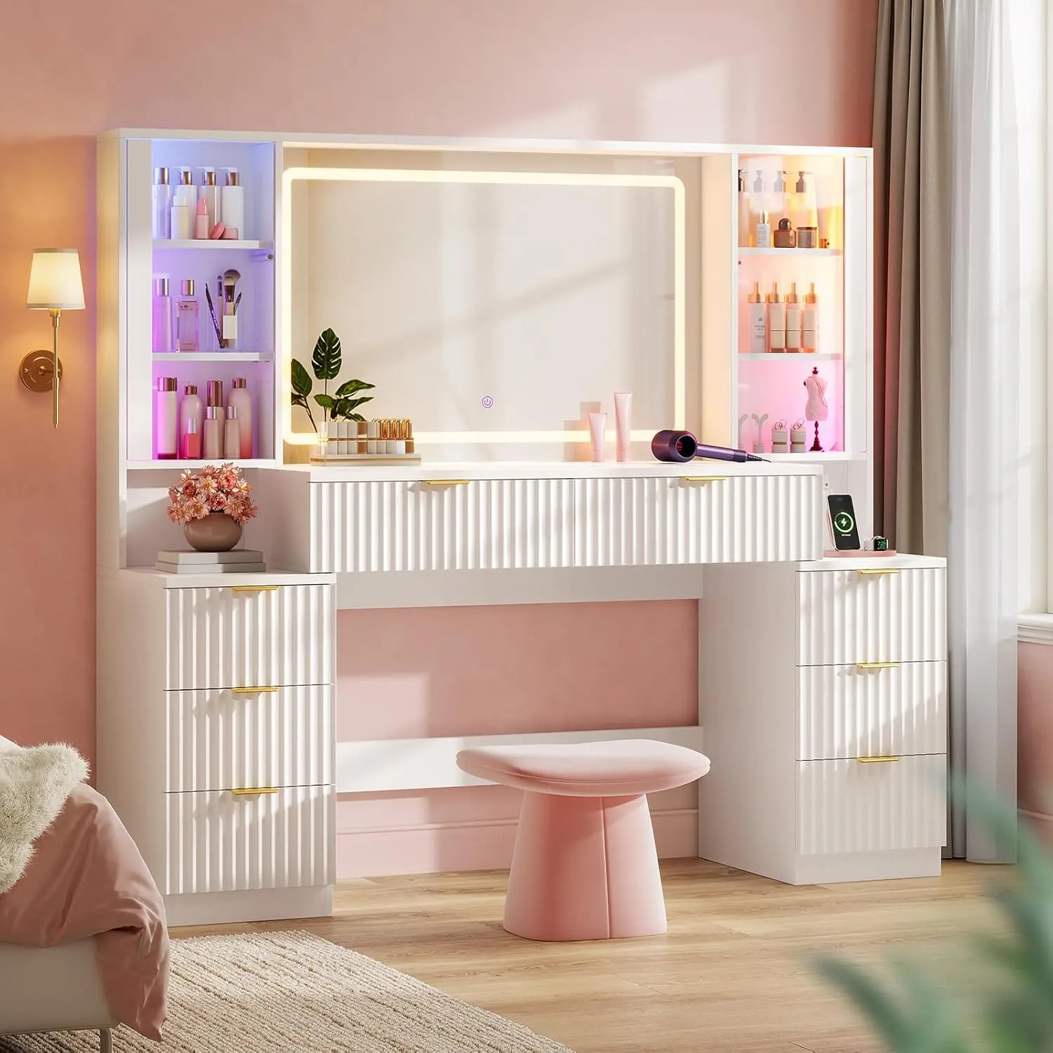 HAUOMS 59.1‘’ Big Vanity, Fluted Wood Makeup Vanity Desk with Mirror and Sound Sync LED Lights, Large Vanity Dressing Table, 8 Drawers, Charging Station for Girls, Women
