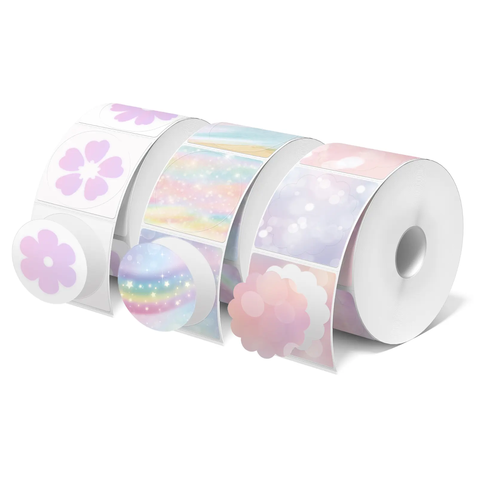 JADENS 2-Inch Round Circle Shape Direct Thermal Stickers, Eco-Friendly BPA-Free Self-Adhesive Waterproof Labels, 3-Color Set (Rainbow, Floral, Bubble) 750 Sheets/Roll 3-Roll Pack for Business Use, Compatible with Jadens, Asprink Printers