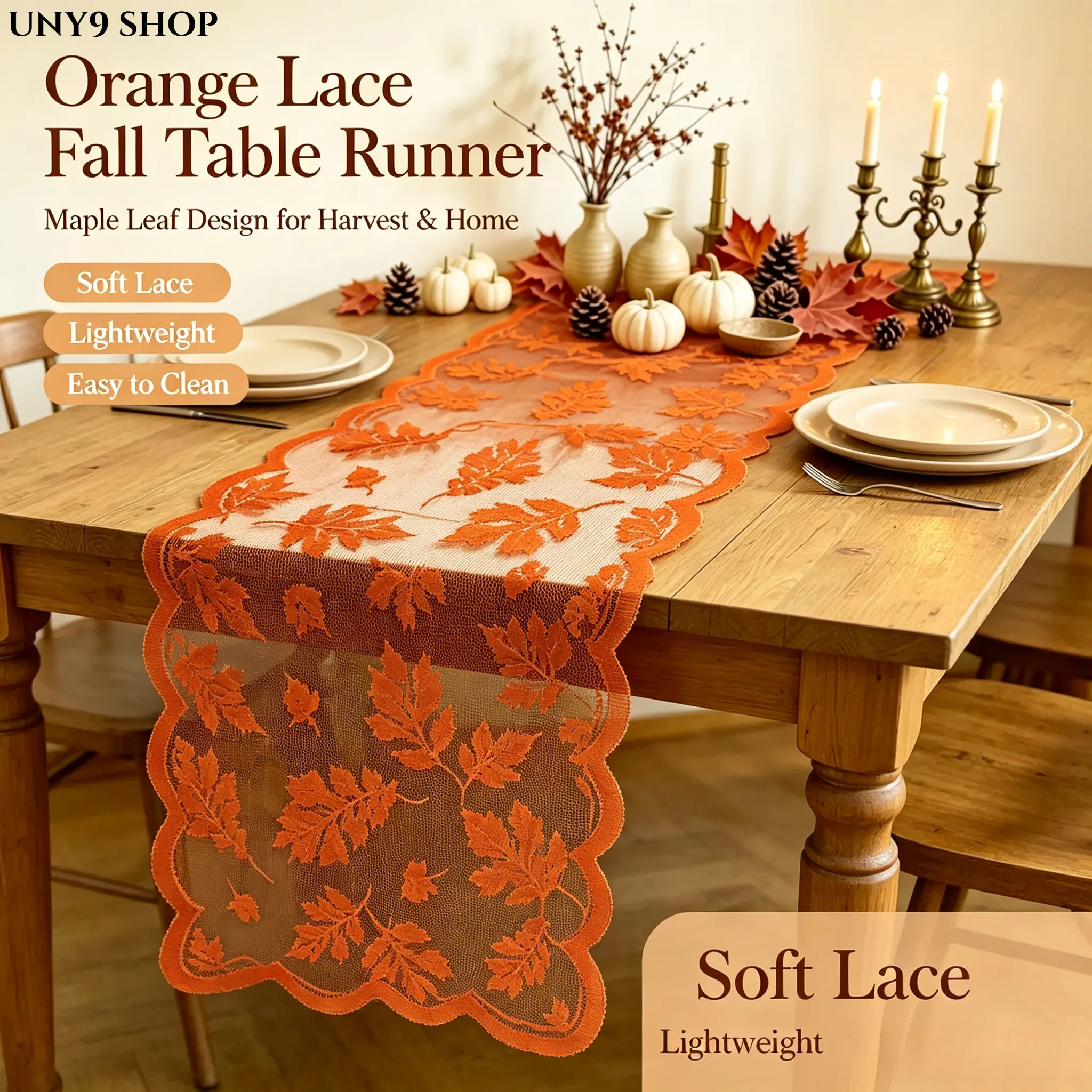 Fall Table Runner 13x72 Inch, Thanksgiving Leaf Lace Table Runner with Orange Harvest Design, Easy-Clean Fade-Resistant Dining Table Decor for Kitchen, Home, Wedding, Party & Holiday Gatherings