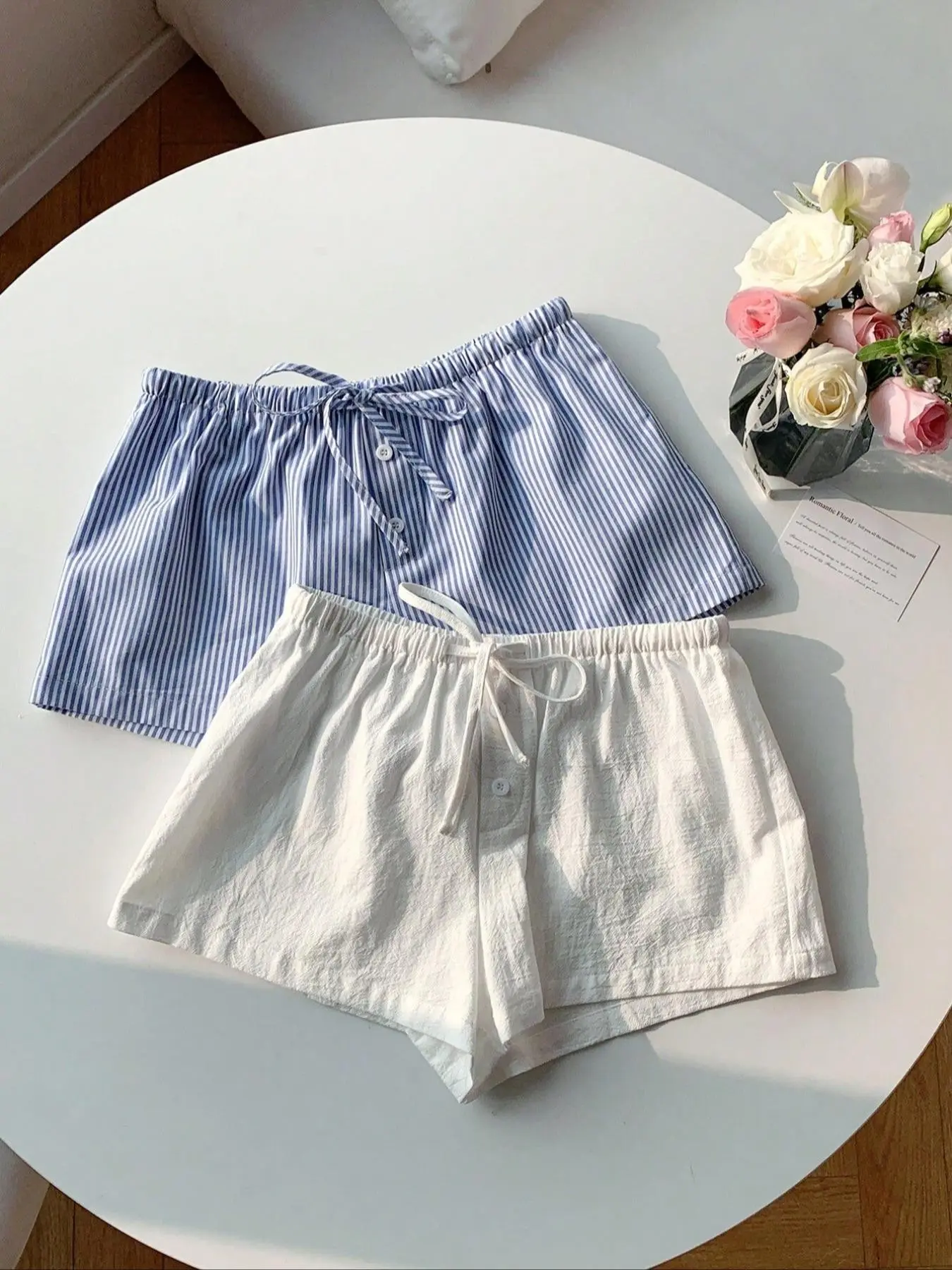 Women's Summer Adjustable Drawstring Waist Faux Button Shorts, Casual Striped Pattern Fitted Beachwear, Beach Shorts Clothes, Womenswear