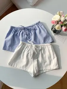 Women's Summer Vacation Shorts, Adjustable Drawstring Waist, Faux Button Design, Striped Pattern, Fitted Fit, Beachwear Fashion, Casual, Pack of 2, Womenswear