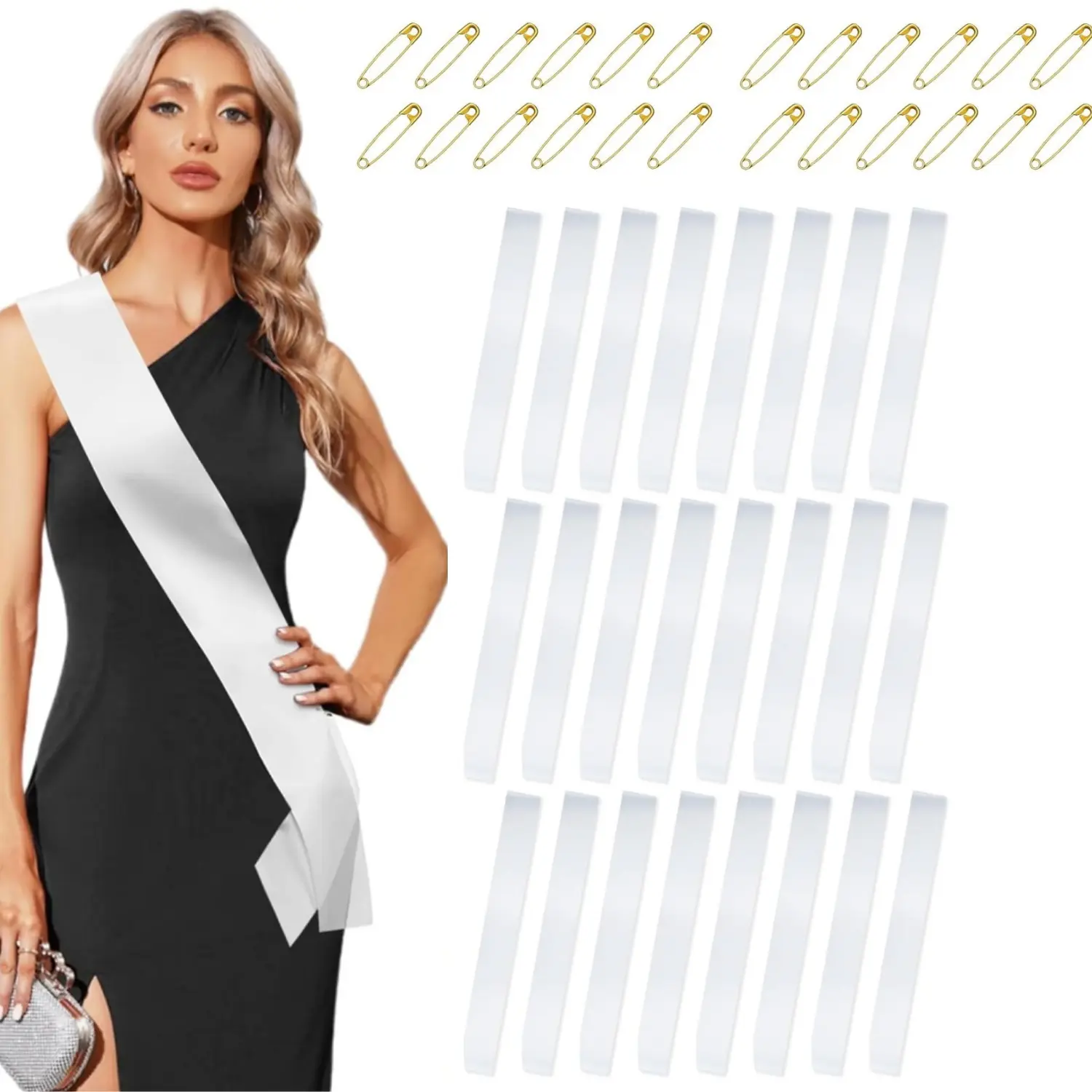 25Pcs Comfortable White Blank Satin Sublimation Sashes with 25Pcs Safety Pins - Print-Friendly, Glossy Finish, Folded Size Included, for Female Graduation DIY Craft Projects, Home Improvement Building Supplies Wallpaper & Wall Trim Decor