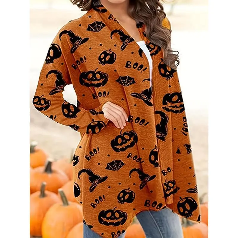 Women's Halloween Print Cardigan - Long Sleeve Stretchy Polyester-Spandex Blend with Pumpkin Skull Bat Witch Hat Print, Machine Washable Winter Casual Fall Sweater for Halloween Party Outfit Women's Halloween Print Cardigan - Long Sleeve Stretchy Polyester-Spandex Blend with Pumpkin Skull Bat Witch Hat Print, Machine Washable Winter Casual Fall Sweater for Halloween Party Outfit