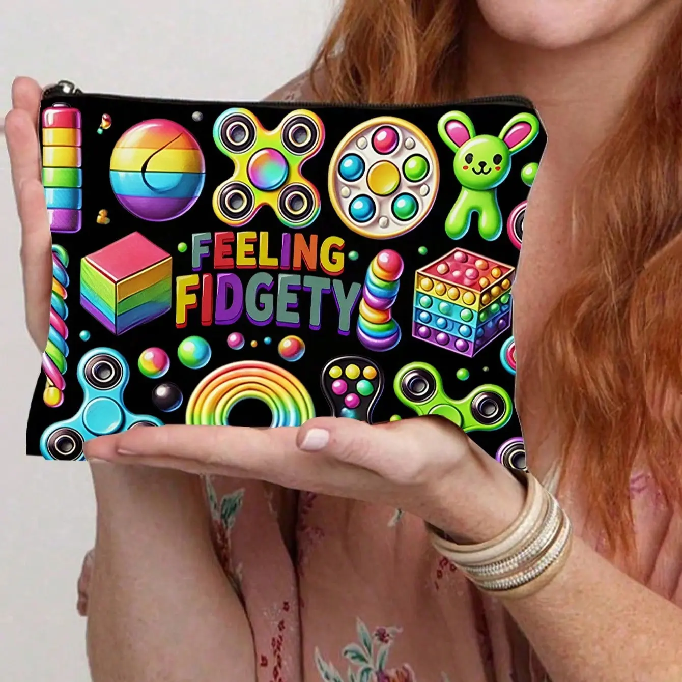 Feeling Fidgety Fidget -Themed Makeup & Accessory Organizer Pouch - & Sensory Disorder-Friendly Design, Beige Case For Gadgets, Supplies, Travel Essentials ( & S)